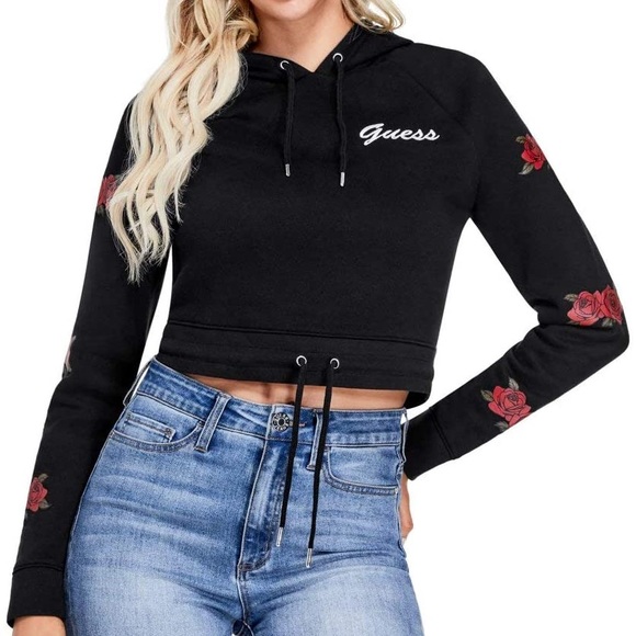 Guess Tops - Guess Embroidered Rose Cropped Sweatshirt